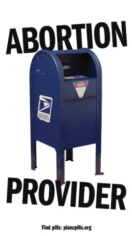 USPS mailbox labeled Abortion Provider, promoting abortion pill access at plancpills.org.