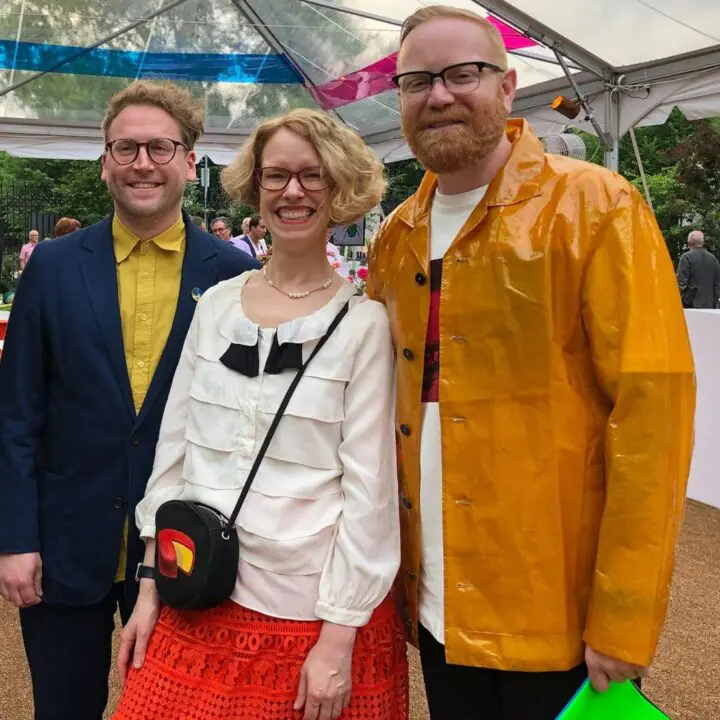 Michael Ellsworth, Ellen Lupton, and Corey Gutch smiling at a Summer Garden Party at th...