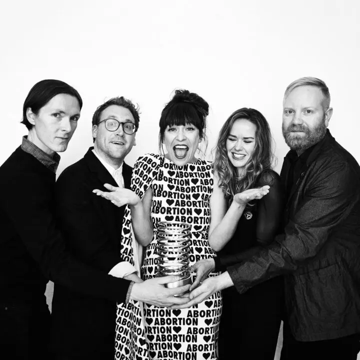 Shaun Kardinal, Michael Ellsworth, Amelia Bonow, Elise Carlson, and Corey Gutch receivi...