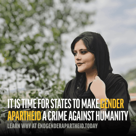 Woman advocating against gender apartheid with a message: Make gender apartheid a crime...