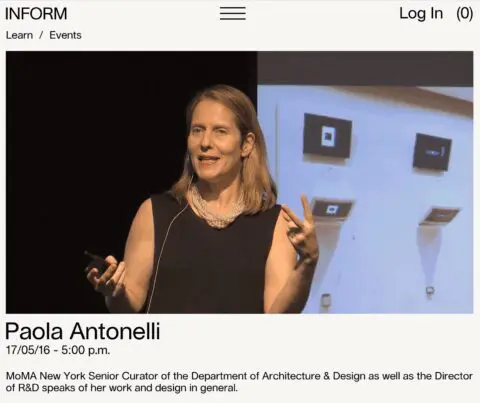 Speaker Paola Antonelli presenting at a design event, discussing architecture and innov...