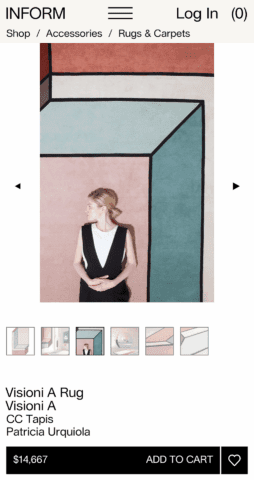 Woman on geometric rug with colorful blocks in modern design. Shop elegant, high-end ru...