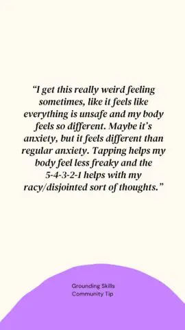 Text about coping with anxiety and grounding techniques featuring tapping and 5-4-3-2-1...