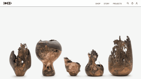 Unique abstract copper sculptures in various organic shapes, displayed on a white backg...