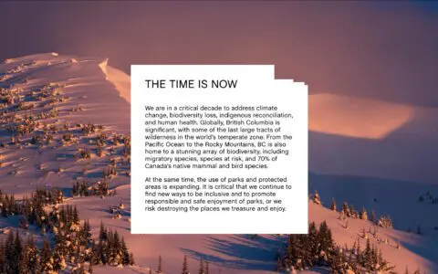 Text on snowy mountain background addressing climate change, biodiversity loss, and con...