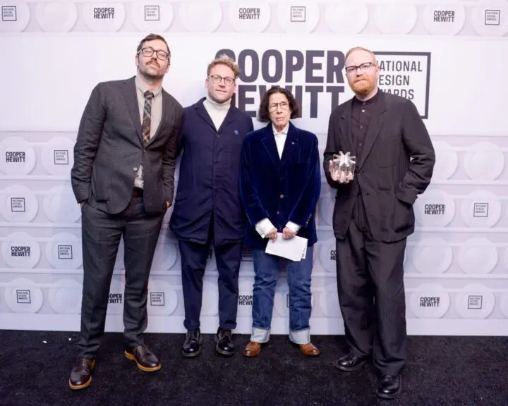 Gabriel Stromberg, Michael Ellsworth, Fran Lebowitz, and Corey Gutch in formal attire p...