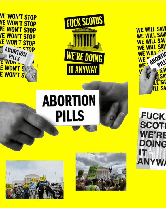 Protest signs advocating for abortion rights and criticizing SCOTUS, featuring an image...