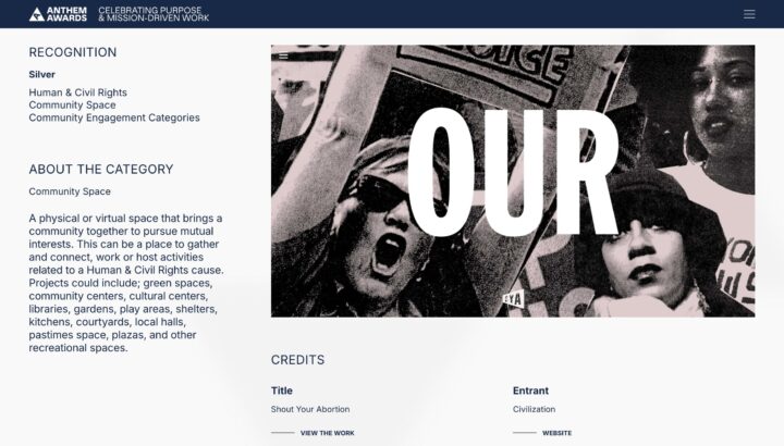 Anthem Awards recognition page highlighting 'Shout Your Abortion' in Human & Civil Righ...