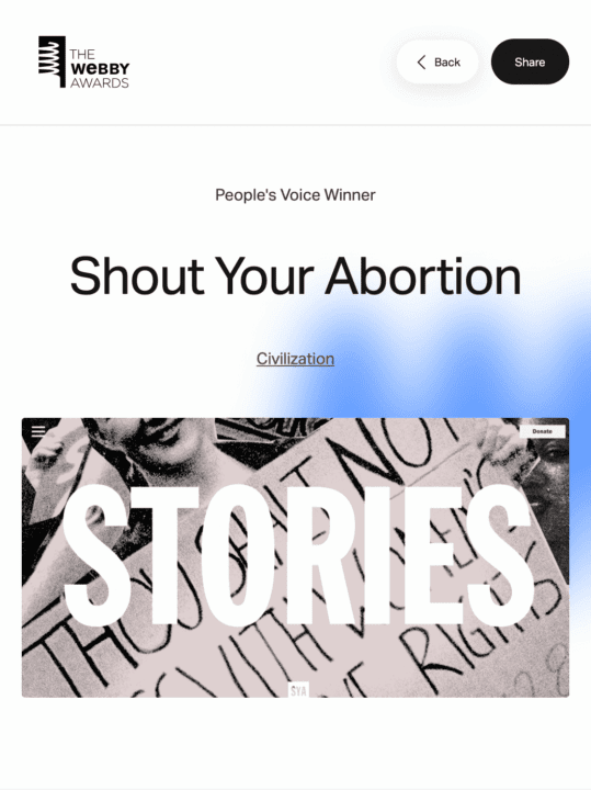 People's Voice Winner: Shout Your Abortion by Civilization, featuring impactful stories...