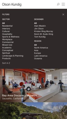 Olson Kundig website menu displaying design sectors, names, and regions above an image of Bay Area Discovery Museum, Sausalito.
