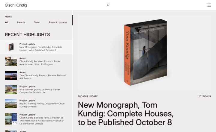Alt text: Olson Kundig announces 'Tom Kundig: Complete Houses' monograph release on Oct...