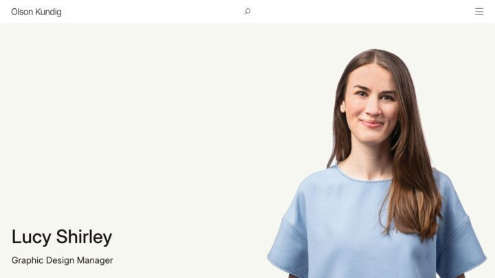 Woman in light blue shirt smiling against a white background, accompanying text reads L...