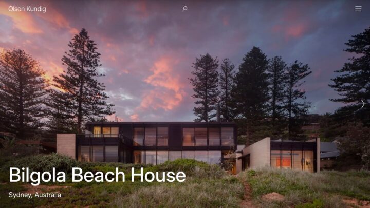 Modern Bilgola Beach House at sunset, surrounded by trees in Sydney, Australia. Stunnin...