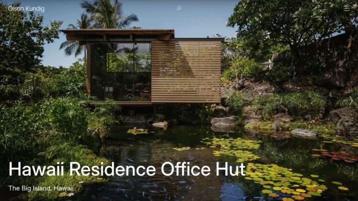 Modern Hawaii office hut among lush greenery and pond, featuring wood and glass design ...