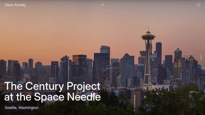 Seattle skyline at sunset featuring the Space Needle, highlighting The Century Project.
