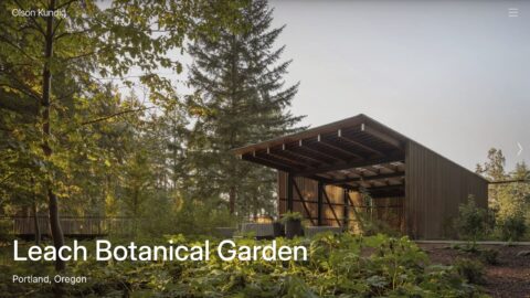 Modern pavilion amidst lush greenery at Leach Botanical Garden, Portland, Oregon, designed by Olson Kundig.