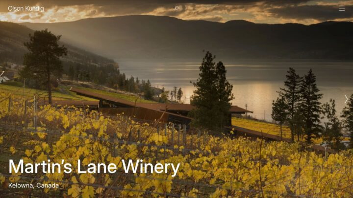 Golden vineyard at Martin's Lane Winery, Kelowna, Canada, with scenic lake and mountain...