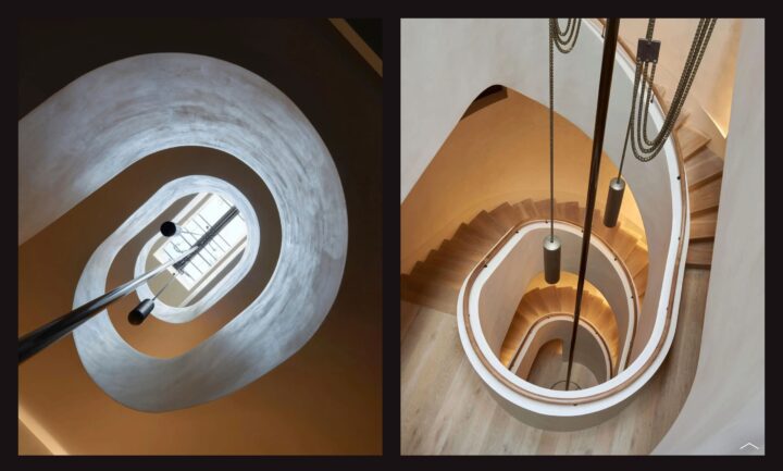 Modern spiral staircase with wood steps and sleek lighting, viewed from different angles.