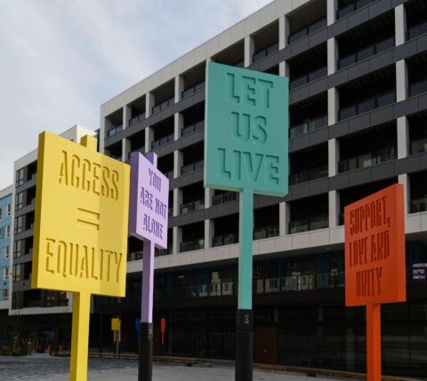Colorful protest signs outside a modern building, reading Access = Equality and Let Us Live.