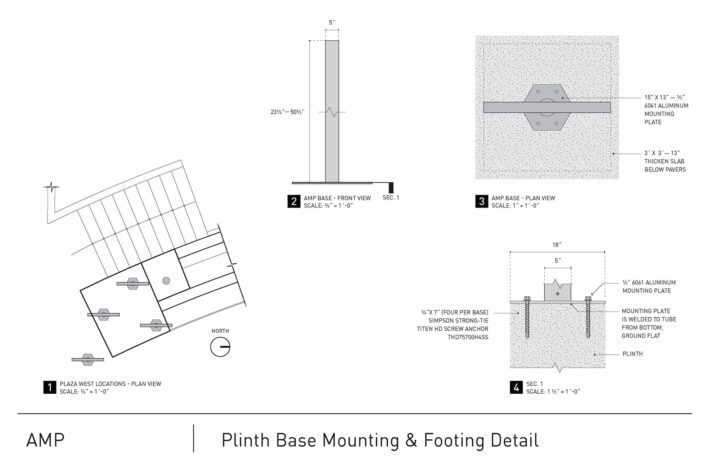 Technical drawing of AMP plinth base mounting and footing details, showing measurements...