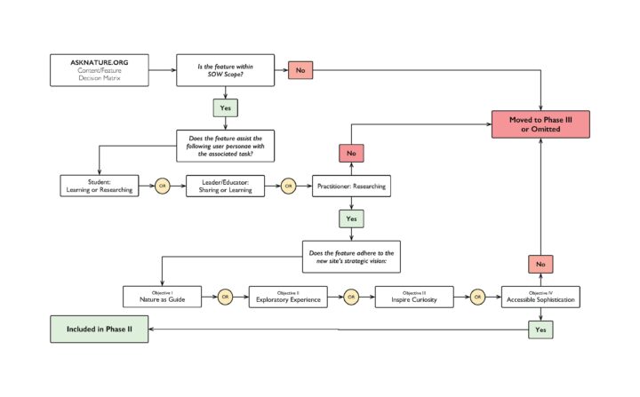 Flowchart for AskNature.org's content/feature decision matrix, categorizing tasks and o...