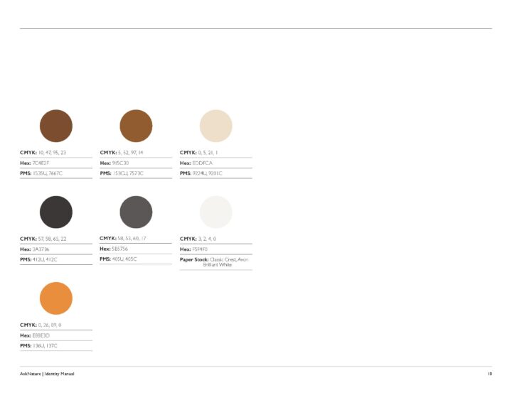 Color palette with CMYK, Hex, and PMS codes displayed; includes browns, grays, and ligh...