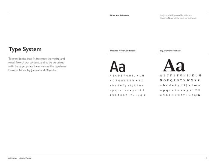 Typography guide displaying type system featuring Proxima Nova and Ivy Journal fonts fo...