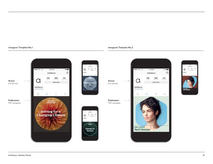 Instagram profile template mockups for AskNature, showcasing avatars and publication de...