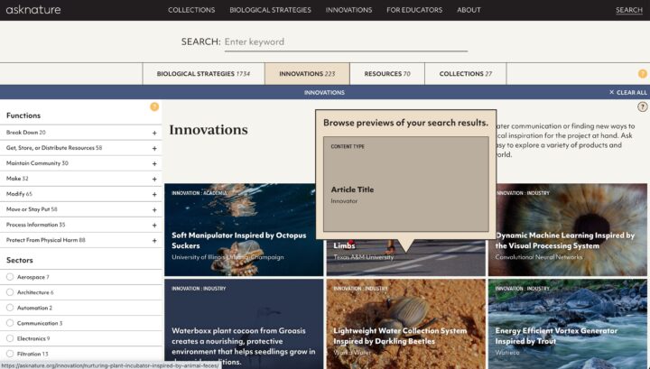 Screenshot of AskNature's innovations page showing search filters and previews of artic...