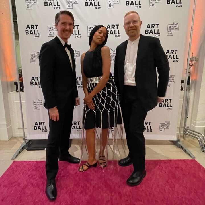 Shaun Kardinal, Raya Leary, and Corey Gutch elegantly dressed at the 2022 Art Ball, Newark Museum of Art.
