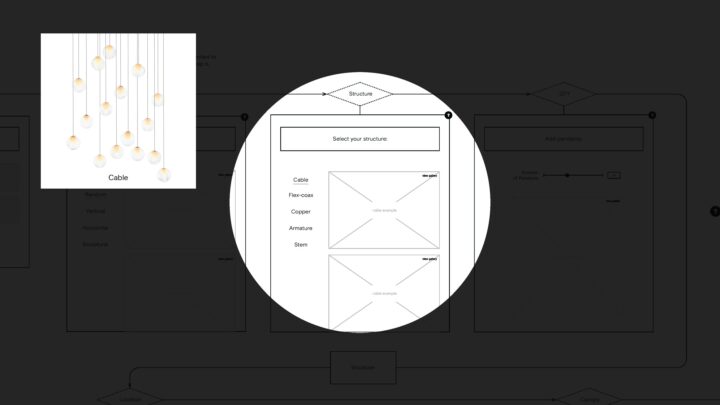 Schematic of lighting design interface featuring a cable pendant light selection, highl...