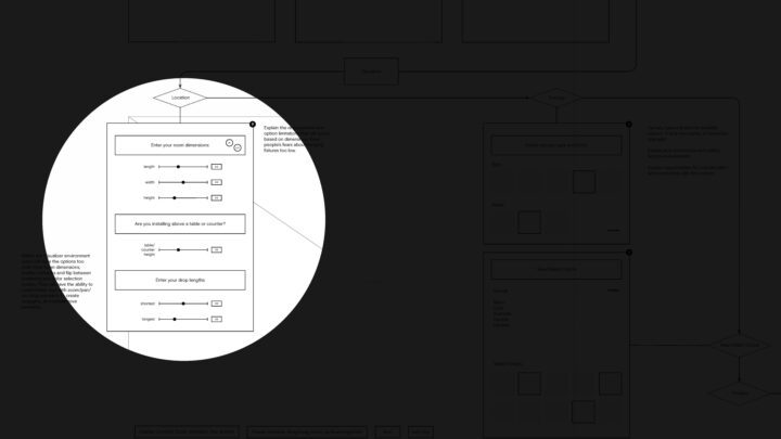 Flowchart interface for room dimensions and fixture installation settings, including sl...