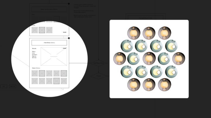 Diagram with color selection interface and a grid of modern light fixtures, showcasing ...