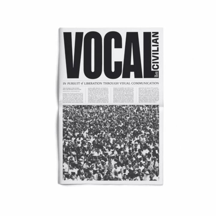 Newspaper cover titled Vocal Civilian with headline In Pursuit of Liberation Through Visual Communication showing a large crowd.