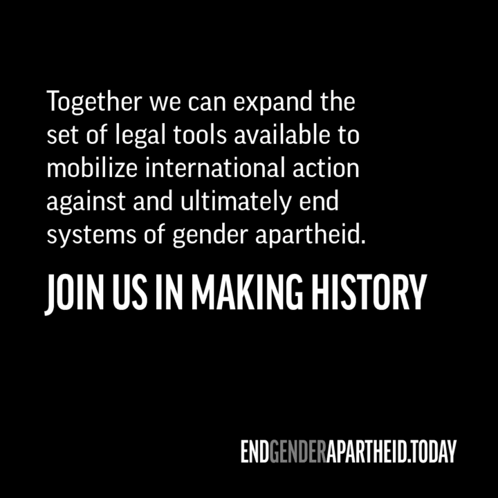 Text advocating for international action to end gender apartheid. Join us in making his...