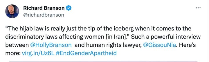 Tweet by Richard Branson discussing an interview on Iran's hijab laws and women's right...