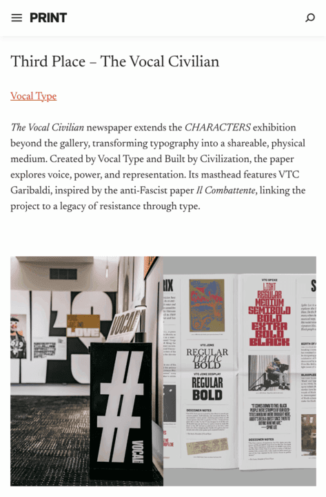 Vocal Civilian newspaper display, featuring typography exhibition and VTC Garibaldi mas...