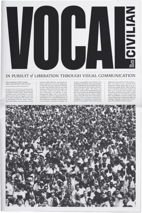 Vocal Civilian magazine cover on liberation through visual communication, with a black ...