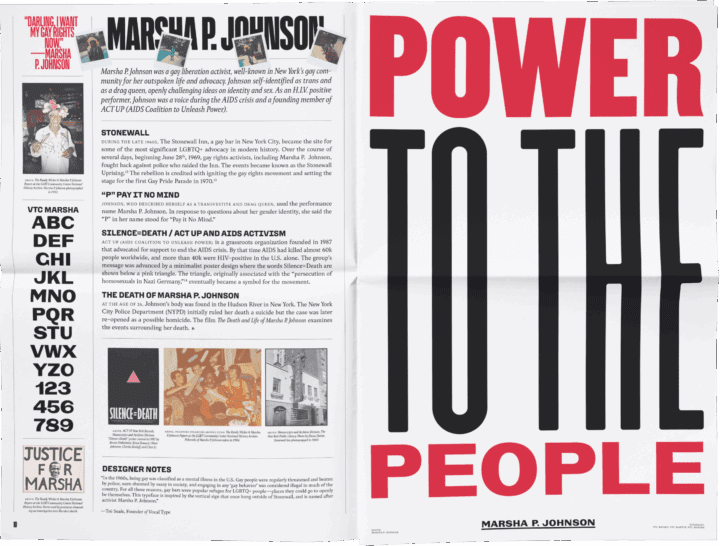 Alt text: Marsha P. Johnson tribute with 'Power to the People' text highlighting activi...