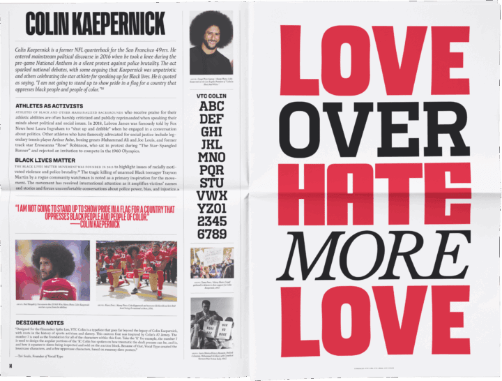 Magazine spread featuring Colin Kaepernick with bold text: LOVE OVER HATE MORE LOVE and...