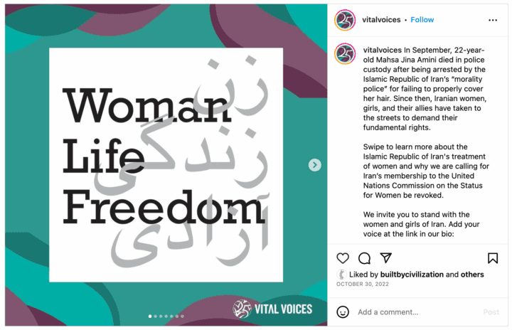 Graphic with the words 'Woman, Life, Freedom' in English and Persian, promoting women's...