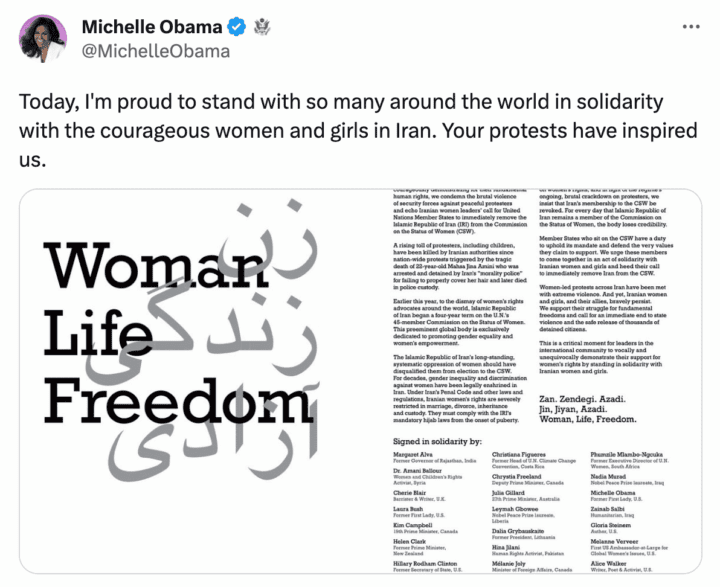Statement in solidarity with Iranian women featuring 'Woman, Life, Freedom' in English ...