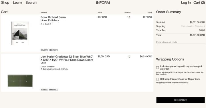 Shopping cart with Richard Serra book and USM Haller Credenza. Total CAD $6,071. Wrappi...