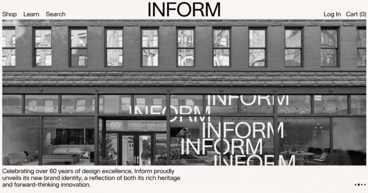 Modern building façade with large windows displaying INFORM branding, highlighting 60 ...