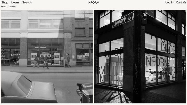 Split image of street views; left shows a vintage storefront, right shows a modern stor...