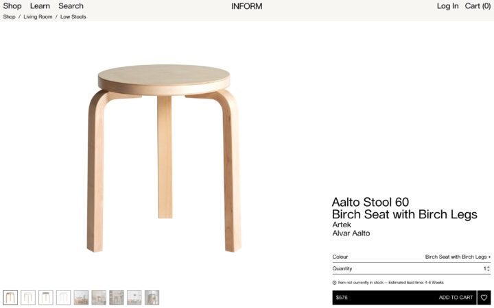 Aalto Stool 60 by Artek, designed by Alvar Aalto. Simple birch seat with legs. Modern, ...