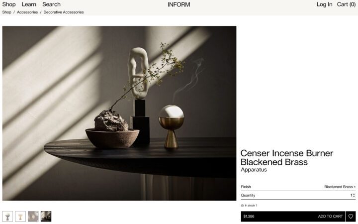 Elegant blackened brass censer incense burner on dark table in minimalist decor setting...