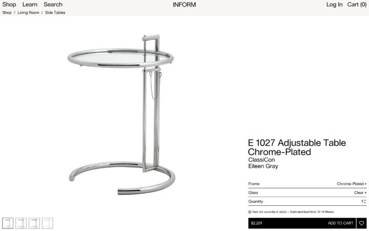 E 1027 adjustable chrome-plated side table by Eileen Gray, modern design, glass top, st...