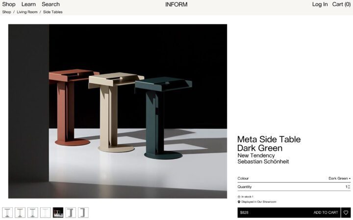 Modern Meta side tables in terracotta, beige, and dark green showcased with minimalist ...