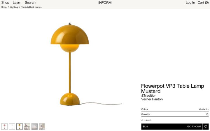 Mustard yellow Flowerpot VP3 table lamp by Verner Panton, modern design, available at I...